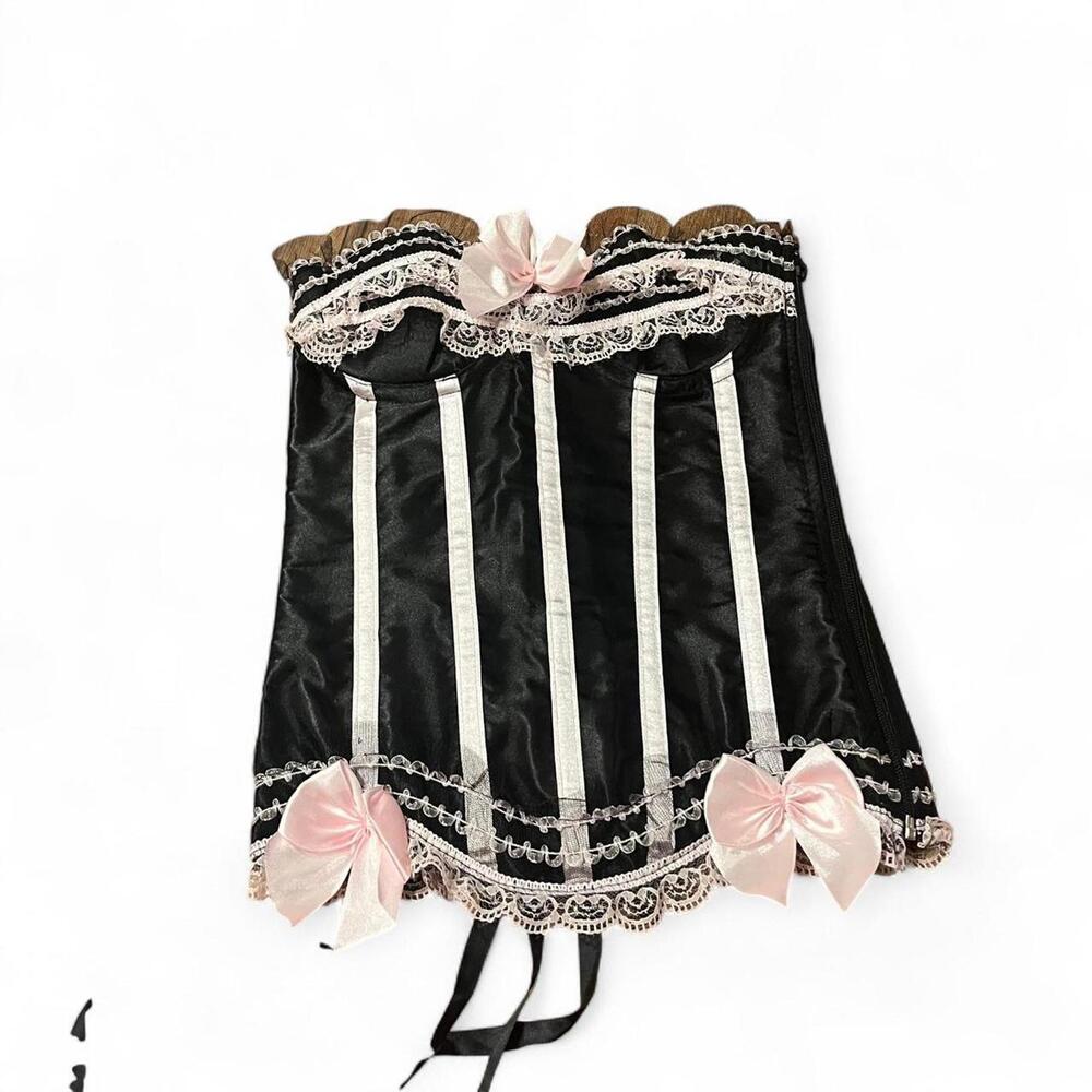 Black and Pink Lace Corset Bustier with Satin Bows
